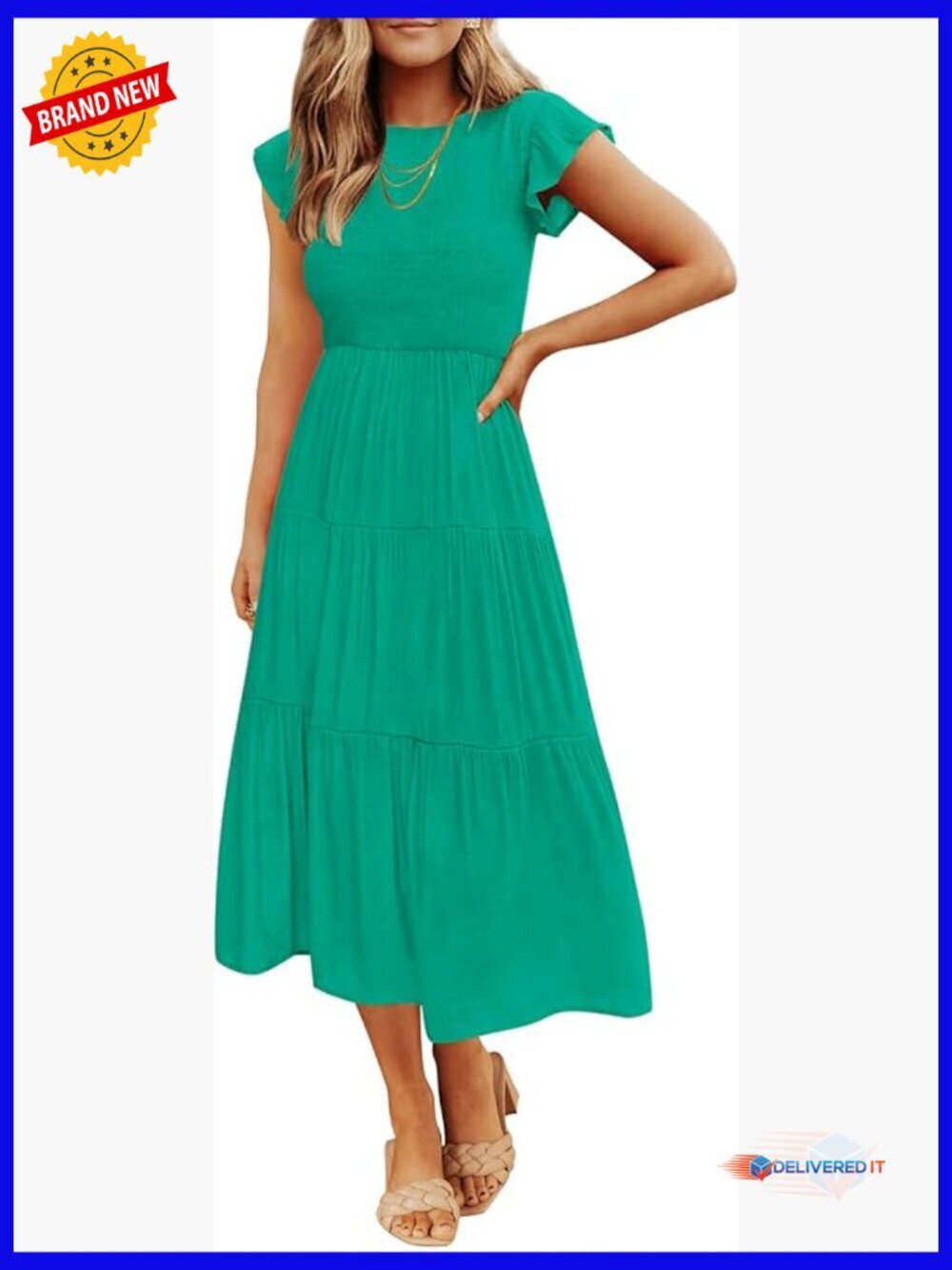 Flutter Short Sleeve Smocked Elastic Waist Tiered Midi Dress